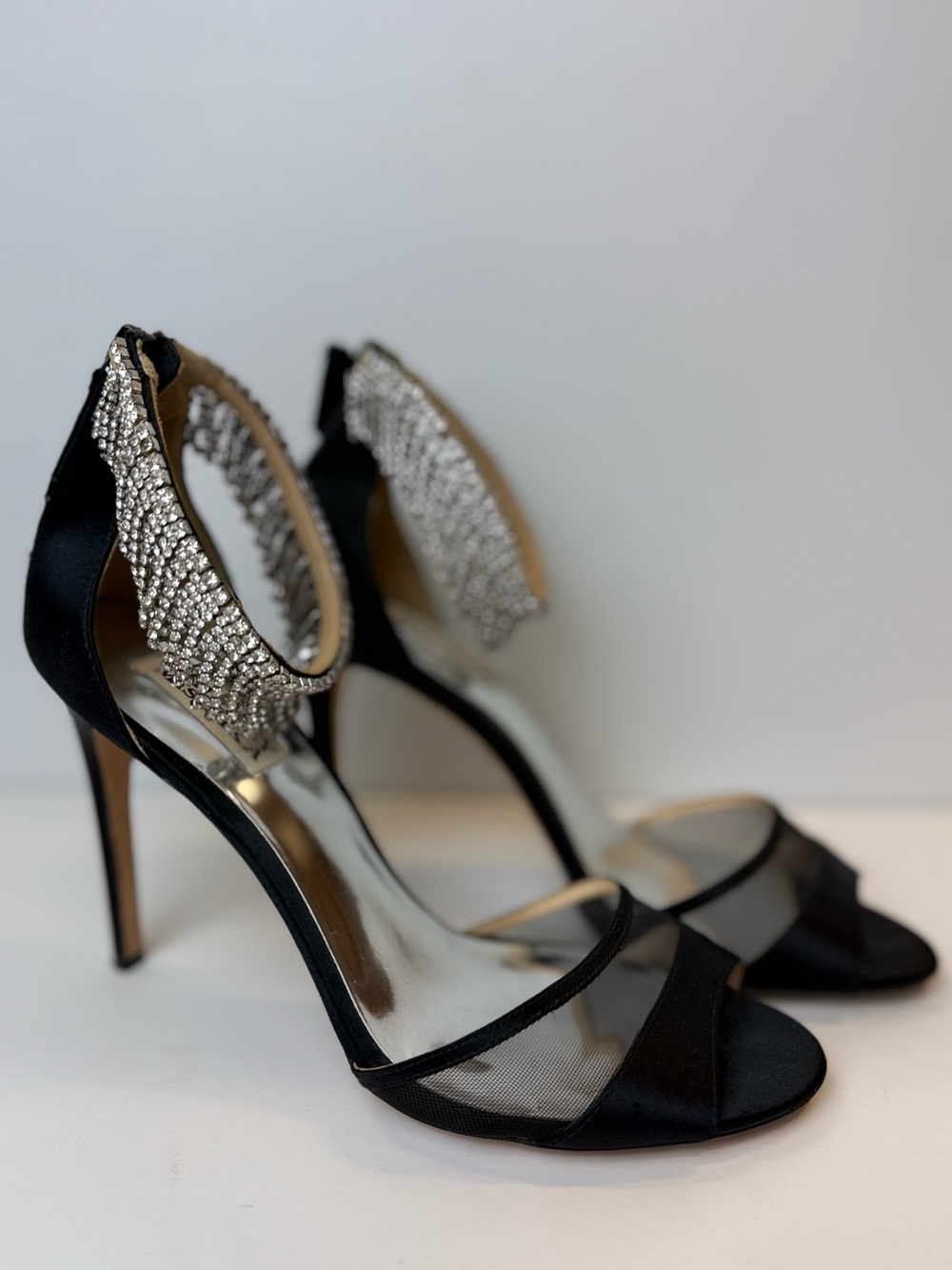 Badgley Mischka Size 8.5 Black Satin Mesh Crystal Ankle Cuff Stiletto Heels